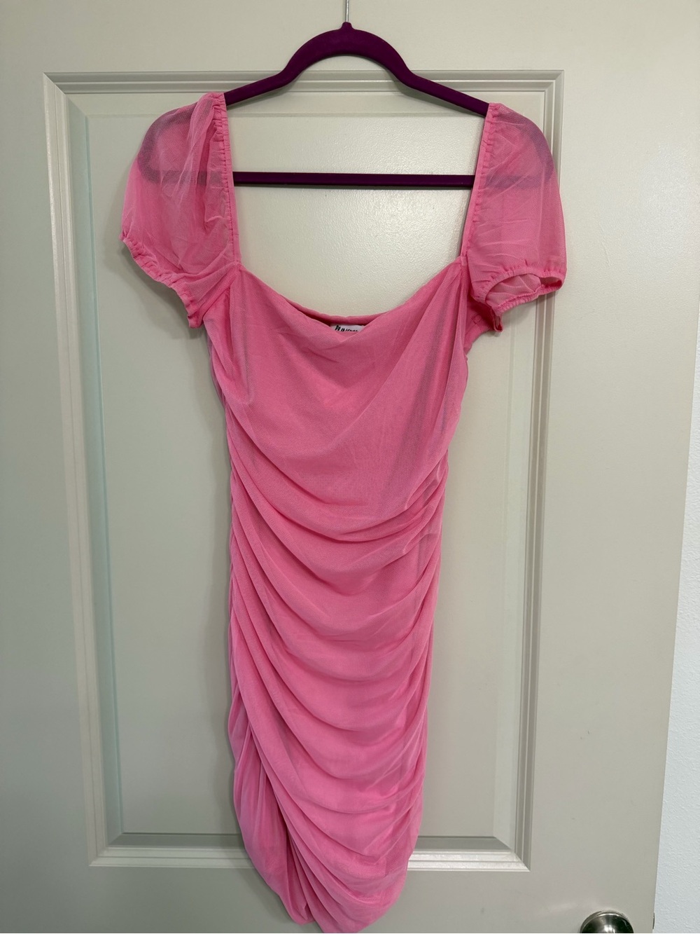 Princess Polly Pink Ruched Mesh Puff-Sleeve Midi Dress